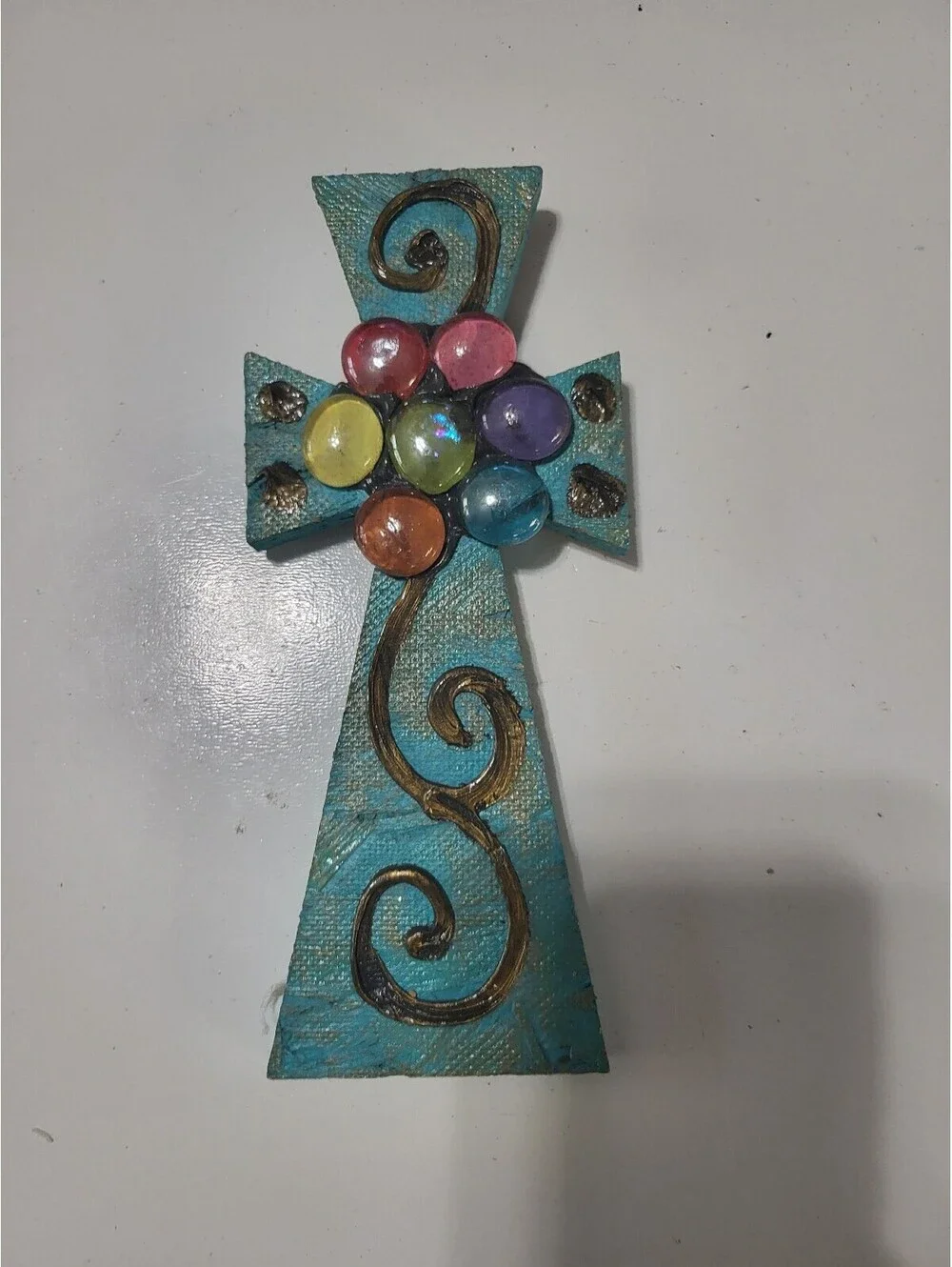 Handcrafted Decorative Cross Wall Hanging with Colorful Gemstones 8x3